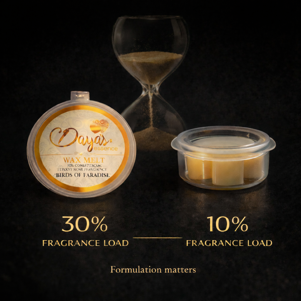 Luxury wax melt longevity comparison showing a 30% fragrance load wax melt beside a 10% fragrance load wax melt, with an hourglass in the background to represent scent longevity and formulation performance.
