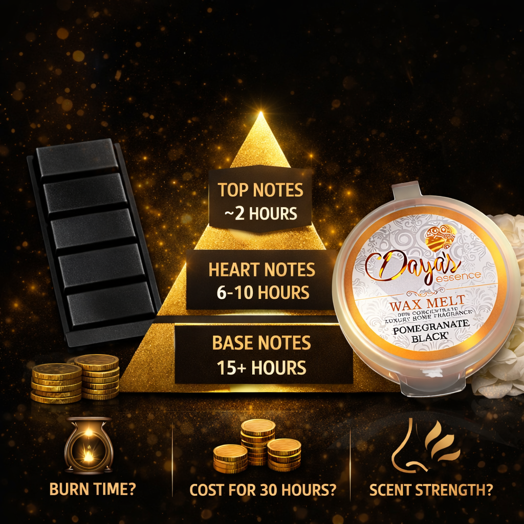 Comparison image of £4 snap bar wax melts versus highly fragranced wax melts, showing burn time, scent strength and cost value over 30 hours.
