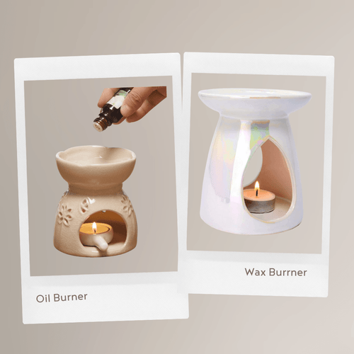 Tan oil burner with poured oil; white wax burner with tealight. Discover best for wax melts.