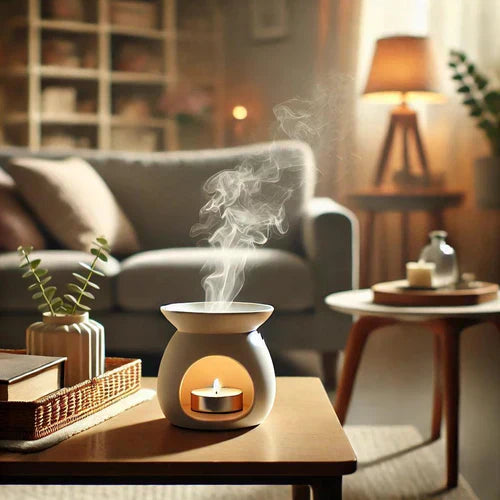 Cozy living room with wax melt burner on table, releasing vapor, warm ambiance.
