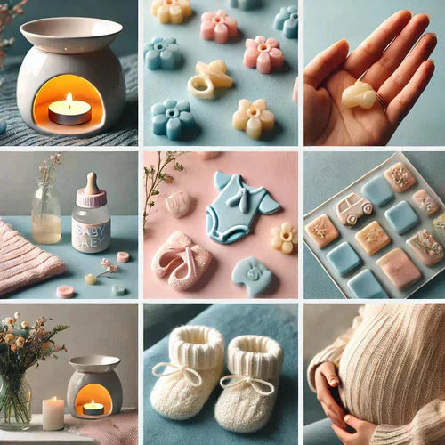 Baby-themed wax melts: wax warmer, baby shoes, pregnant belly, cozy setting, pregnancy-safe.
