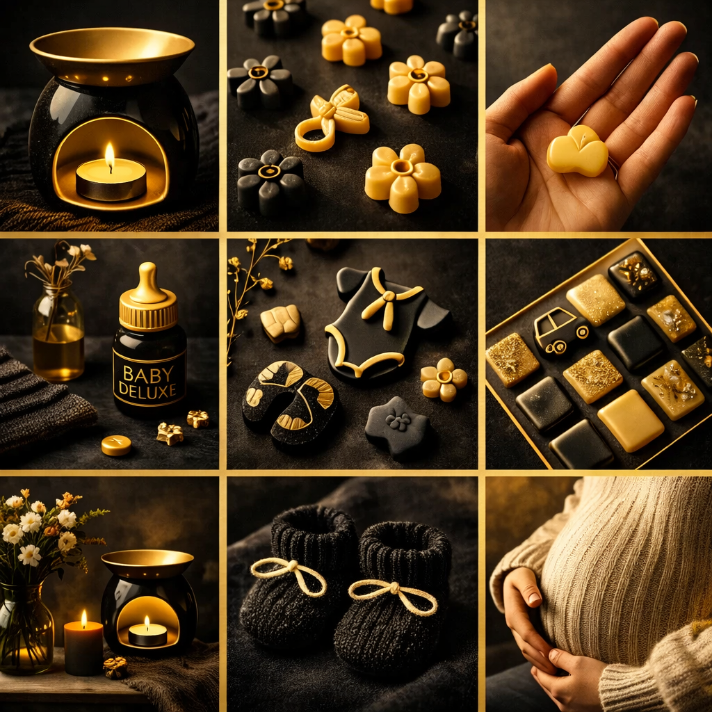 Wax melts and burner shown alongside pregnancy items in a black and gold setting, representing wax melt safety during pregnancy