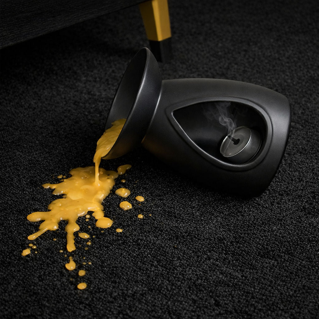 Black ceramic wax melt burner tipped on its side on a carpet, with melted gold wax spilled onto the floor and an extinguished tea light inside