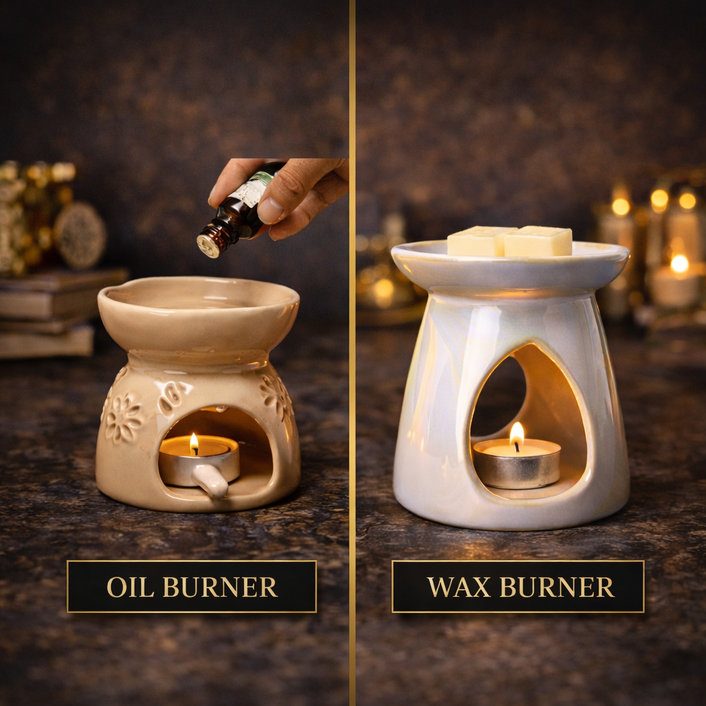 Side-by-side comparison of an oil burner and a wax melt burner, showing differences in size, bowl depth, and design for fragrance performance