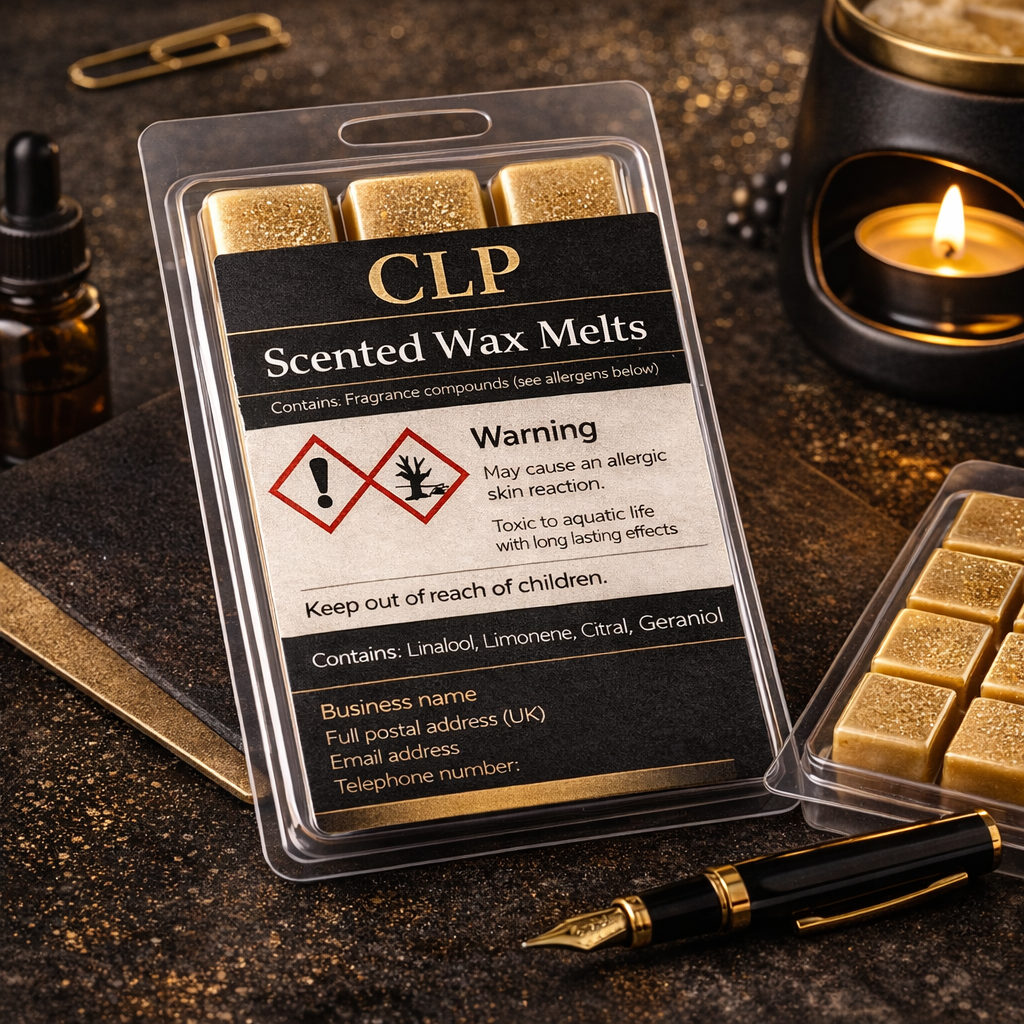 CLP compliant packaging on scented wax melts shown in a black and gold luxury setting