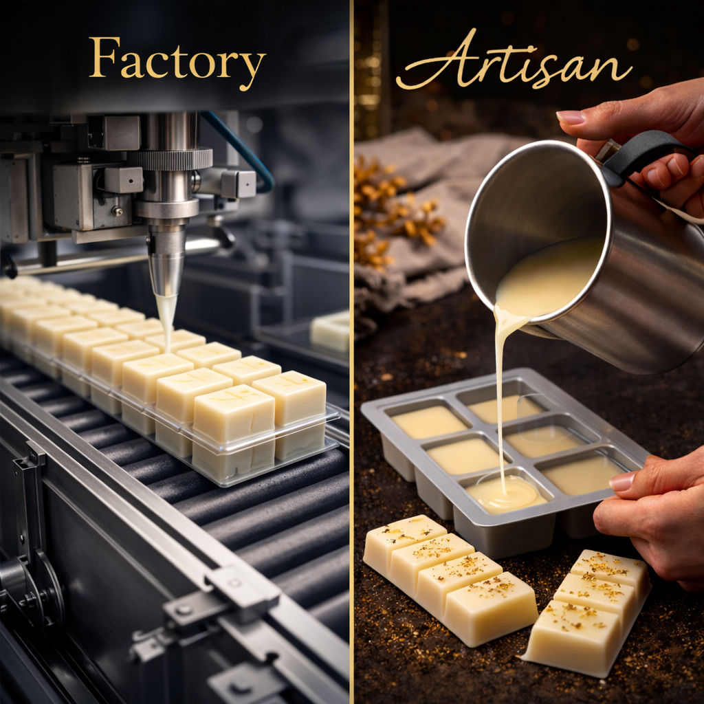 Factory made snap bar wax melts being filled by machine on a conveyor belt compared with artisan hand poured wax melts made in small batches