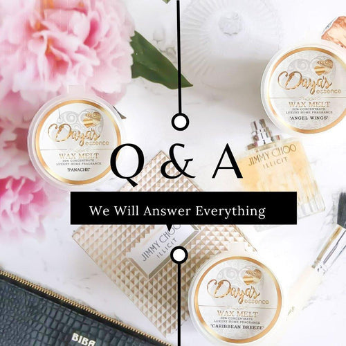 Daya's Essence wax melts and perfume with Q&A announcement on shipping, returns, more.