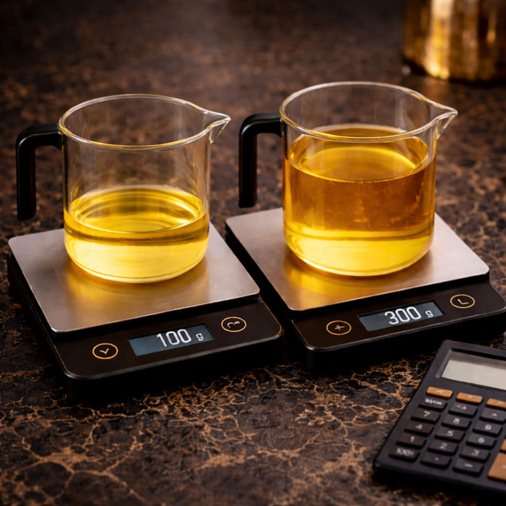 Comparison of fragrance oil amounts on digital scales showing 100g and 300g to explain fragrance load in wax melts