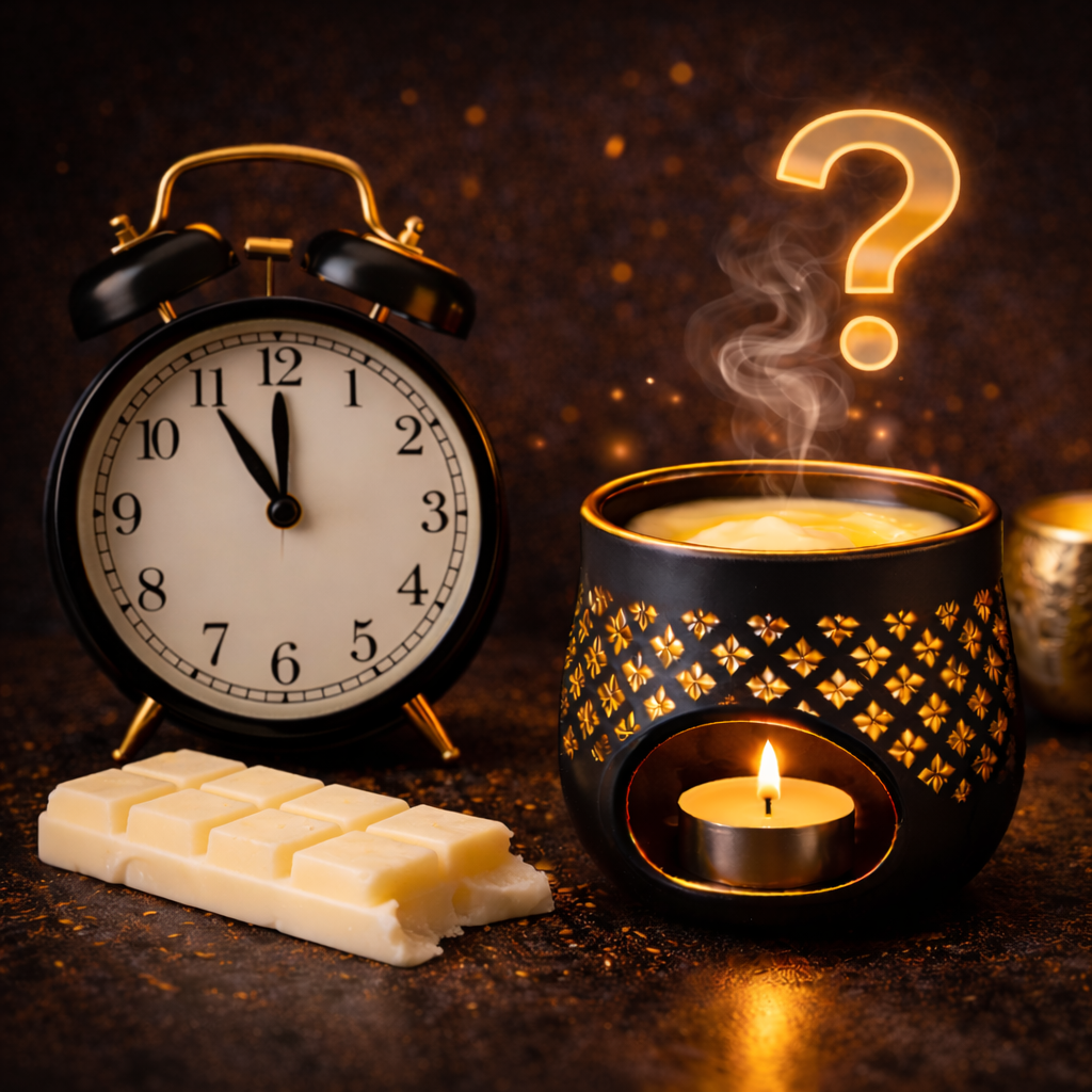 Wax melt burner with a snap bar and clock beside it, showing how long wax melts last as fragrance melts over time