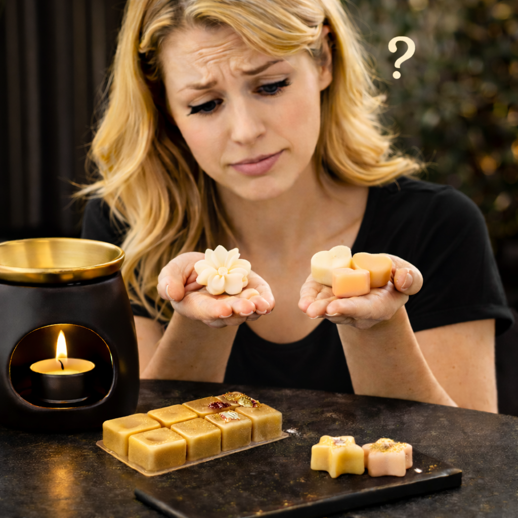 Woman comparing different wax melt pieces beside a black and gold wax burner, unsure how much wax melt to use for best scent throw