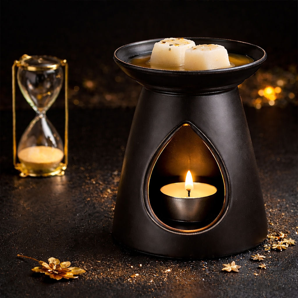 Tall black wax melt burner using a standard 4 hour tea light, showing the correct setup for making wax melts last longer