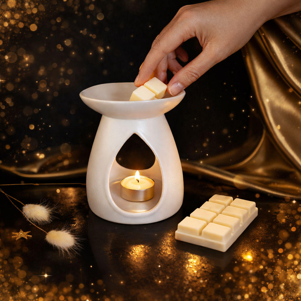 Hand placing a wax melt into a ceramic wax melt burner with a lit tealight, showing how to use wax melts in a luxury home fragrance setup