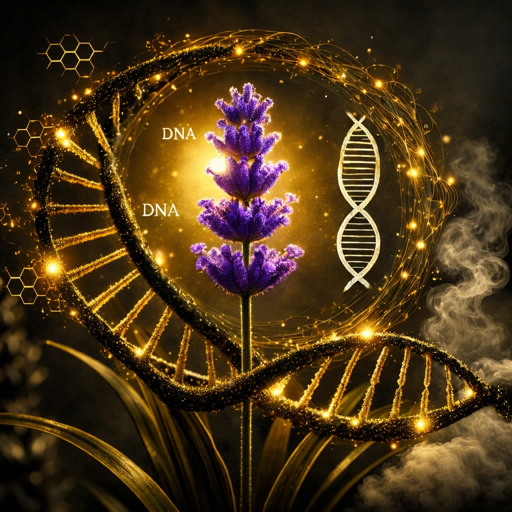 Purple lavender plant surrounded by DNA imagery, illustrating how lavender scent can affect allergies and sensitivity