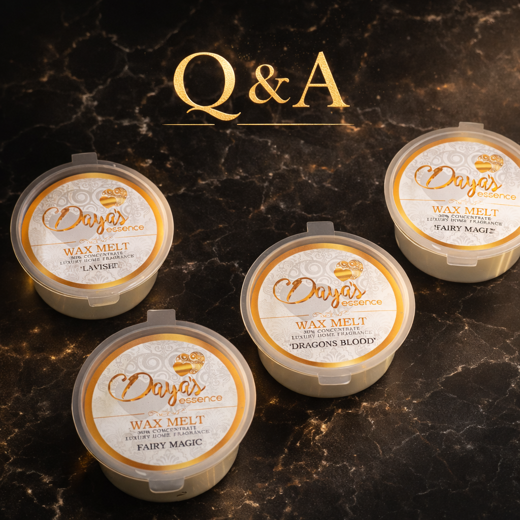 Luxury wax melts Q&A image featuring Dayas Essence wax melt pots with original labels, styled in black and gold for a wax melts questions and answers blog