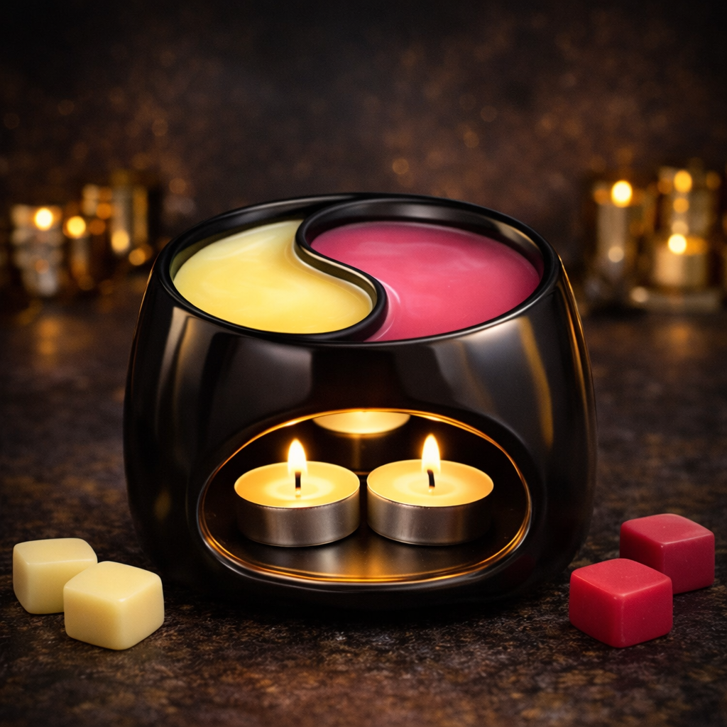 Black wax melt burner with a divided dish showing two different melted wax scents blending together, demonstrating wax melt mixing