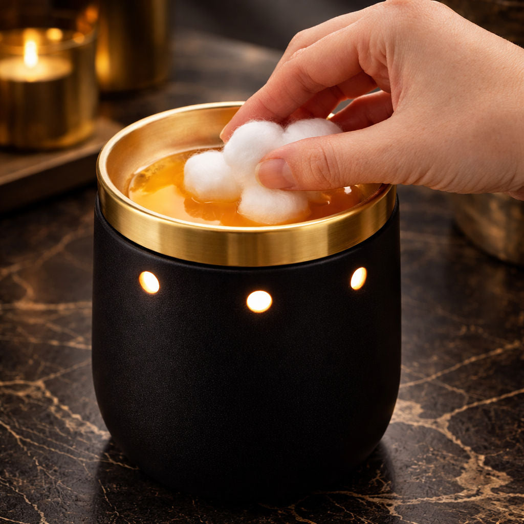 Hand placing cotton wool balls into a black and gold wax melt burner dish to soak up melted wax for safe removal