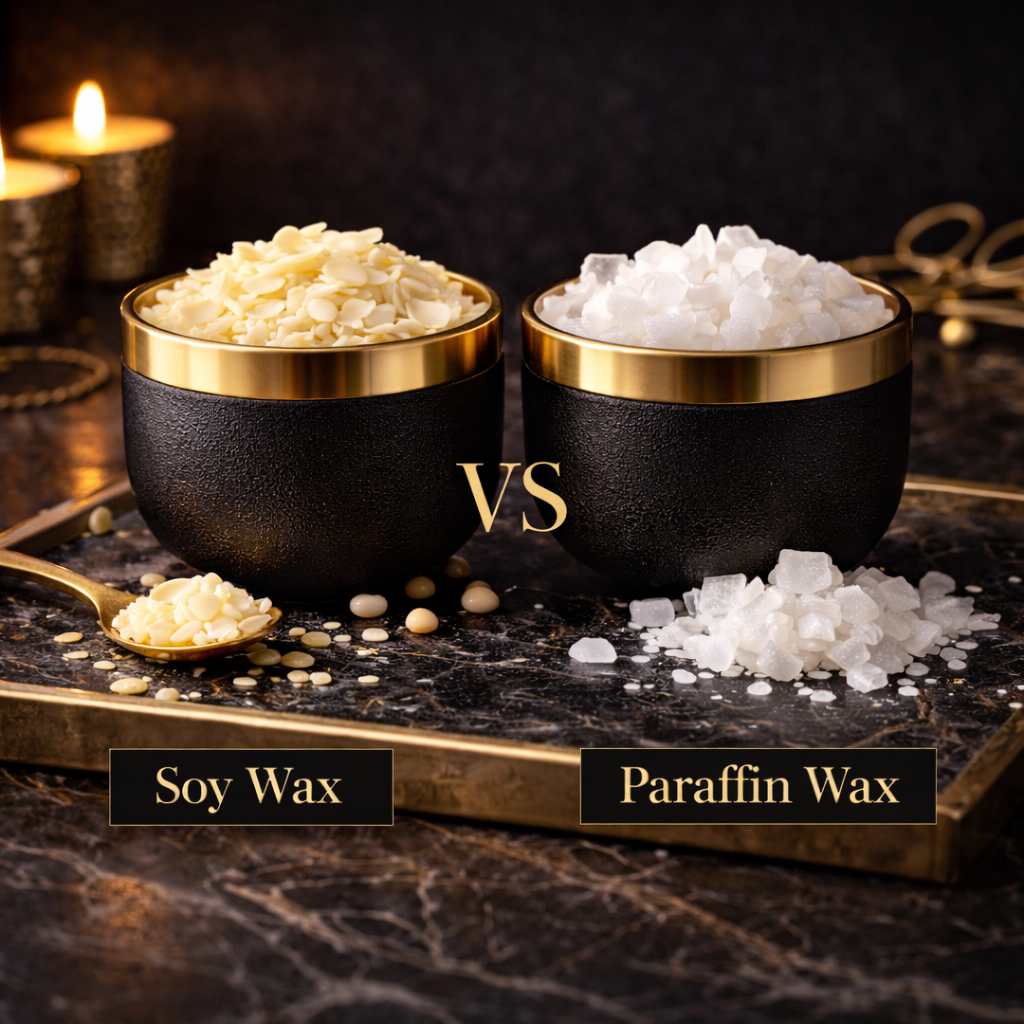 Soy wax and paraffin wax shown side by side in black and gold bowls with a VS comparison, highlighting differences in wax types for wax melts