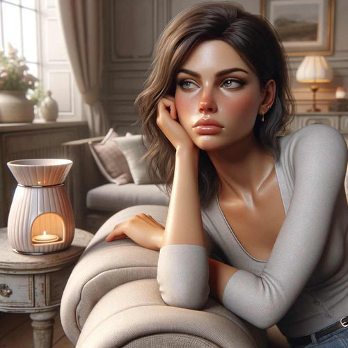 A thoughtful woman leaning on the arm of a beige sofa in a well-decorated living room. A lit wax melt burner sits on a rustic wooden side table beside her, casting a warm glow. The room is softly lit, with elegant furnishings and a peaceful atmosphere.