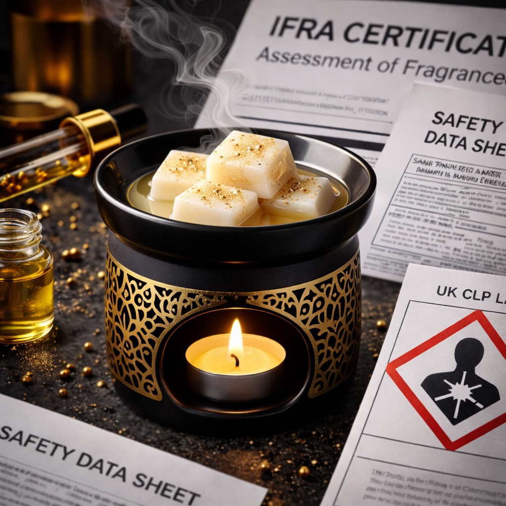 Luxury wax melt burner with highly fragranced wax melts melting safely, shown alongside fragrance oil testing documents including IFRA certification and UK CLP safety labels