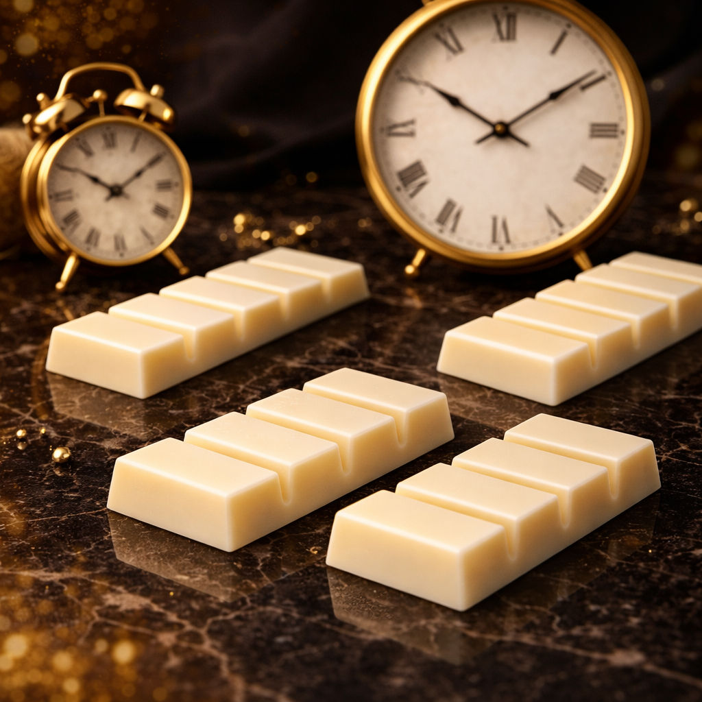 Wax melt snap bars resting during curing time with clocks showing fragrance oil and wax binding before melting