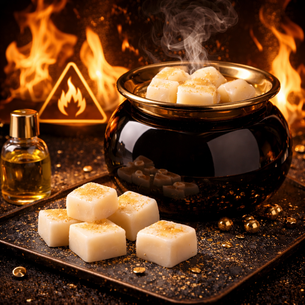 Luxury black and gold wax melts melting in a burner near a naked flame, illustrating wax melt flash point safety