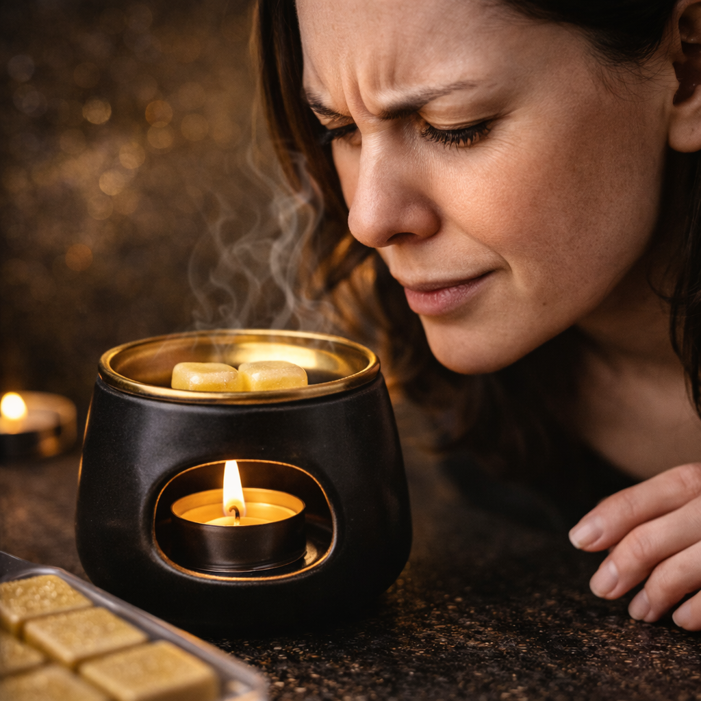 Woman leaning toward a black wax melt burner, struggling to smell melting wax melts as scent fades