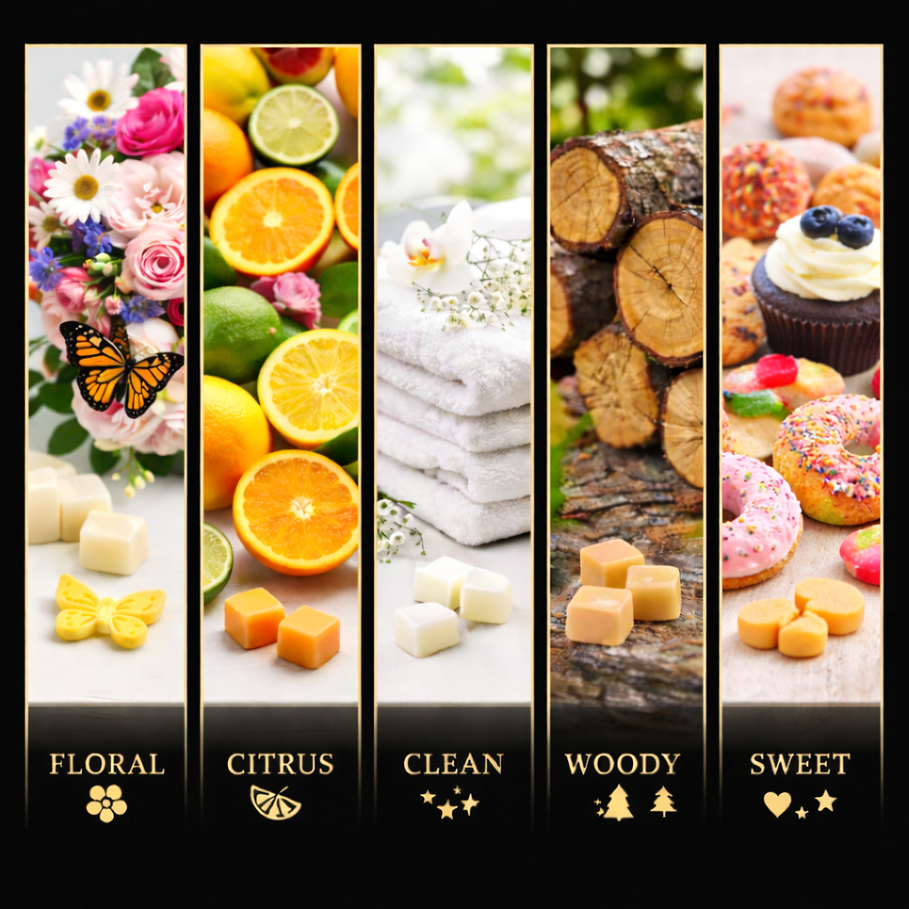 Wax melt scent families shown in black and gold, featuring floral, citrus, clean, woody and sweet fragrance styles