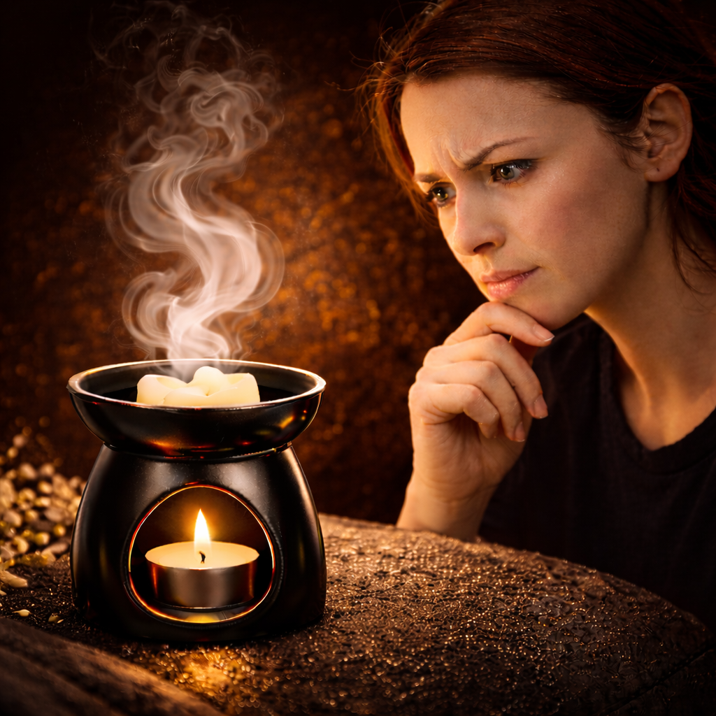 Woman observing white wax melt fragrance vapour rising from a black ceramic burner in a luxury black and gold setting.