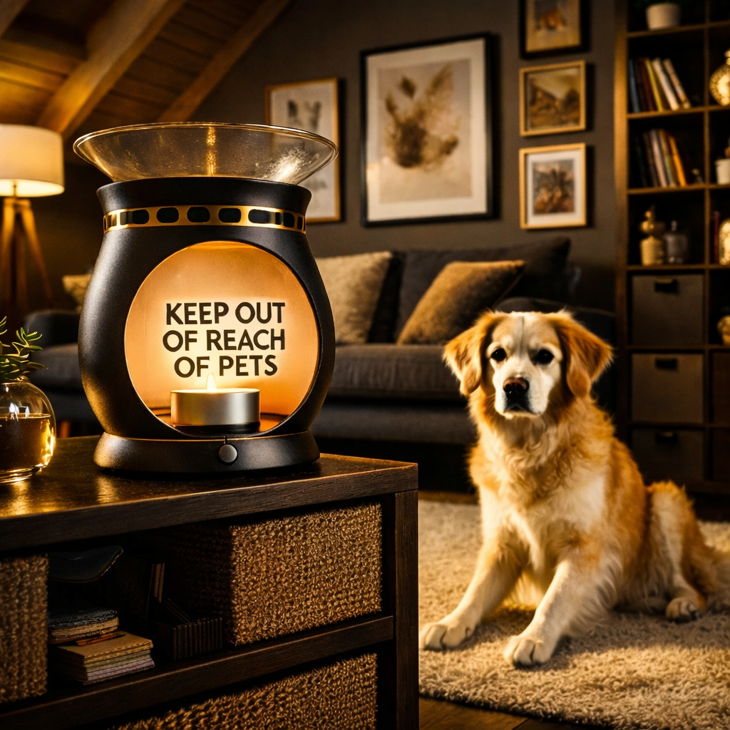 Wax melt burner placed safely out of reach with a dog nearby, illustrating pet safety when using wax melts