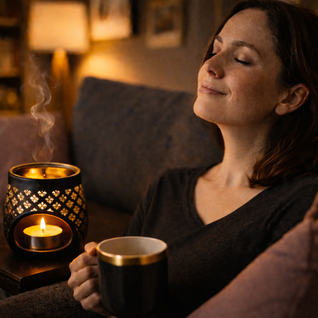 Woman relaxing while enjoying the aroma from a wax melt burner, illustrating how scent affects mood and emotion
