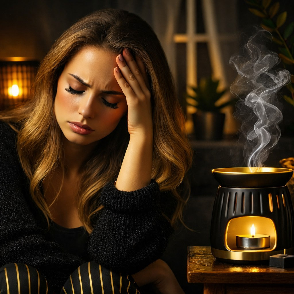 Woman holding her head beside a black and gold wax melt burner, illustrating headaches caused by wax melt fragrance