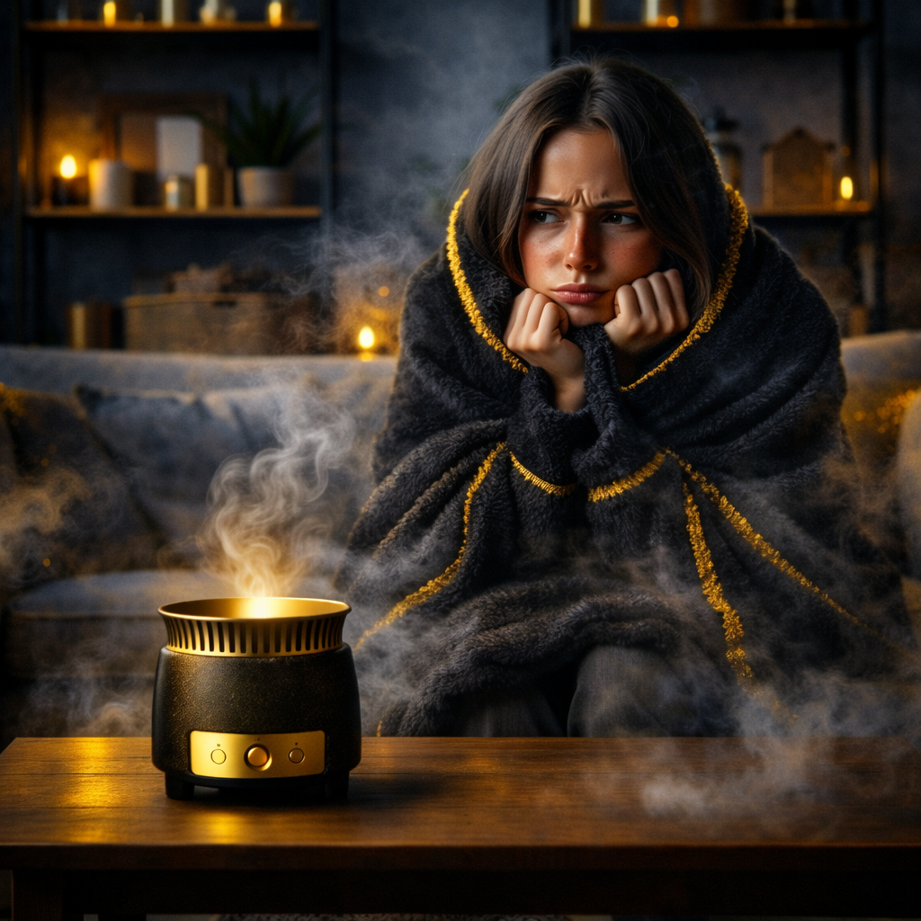 Woman wrapped in a blanket beside a wax melt burner in a cold room, showing how low temperatures affect wax melt scent throw.