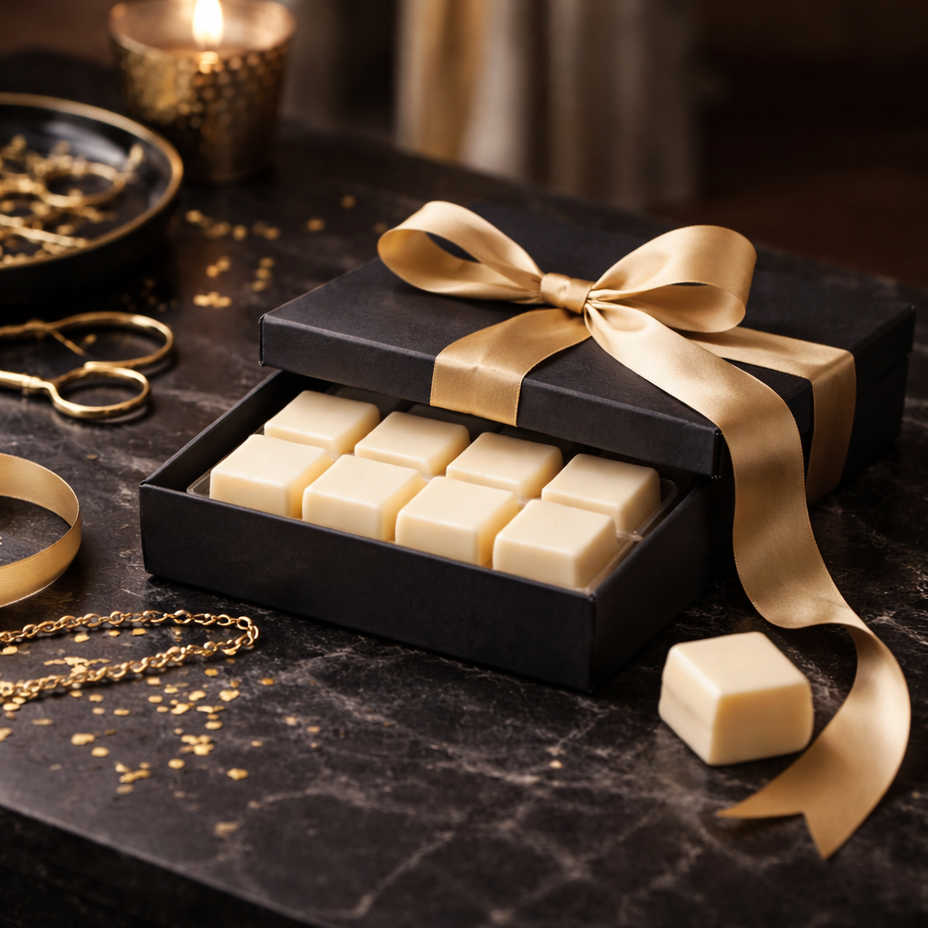 Luxury black gift box with cream wax melts and gold ribbon, styled as an elegant wax melt gift idea