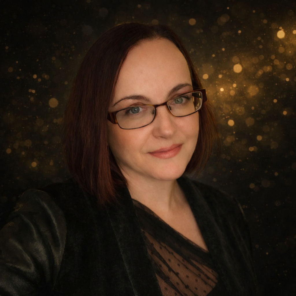 Woman with glasses wearing a black velvet blazer against a subtle black and gold background, professional portrait with soft lighting