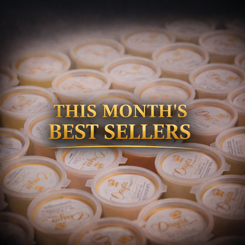 This Month’s Best Sellers wax melts by Dayas Essence, featuring luxury gold-labelled wax melt tubs in bestselling fragrances
