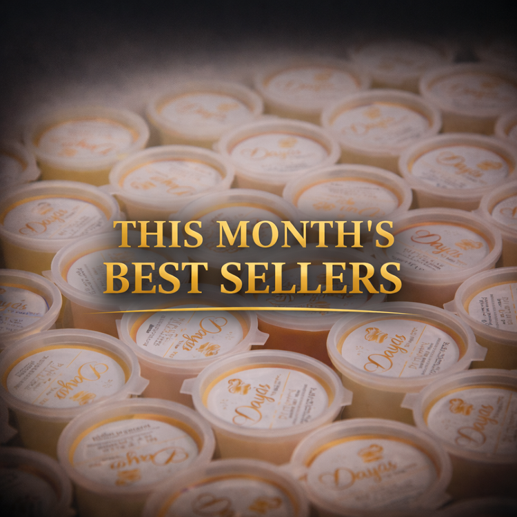 This Month’s Best Sellers wax melts by Dayas Essence, featuring luxury gold-labelled wax melt tubs in bestselling fragrances