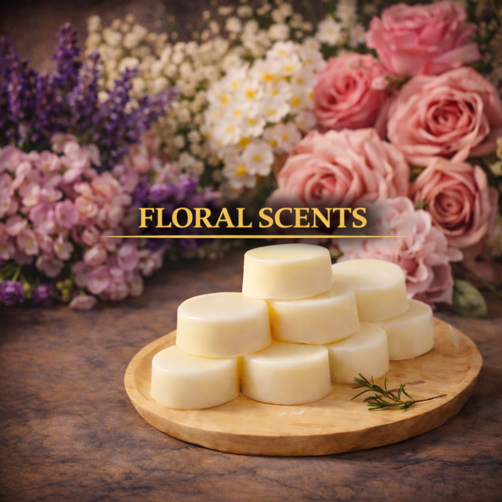Luxury wax melts arranged for the floral scents collection by Dayas Essence