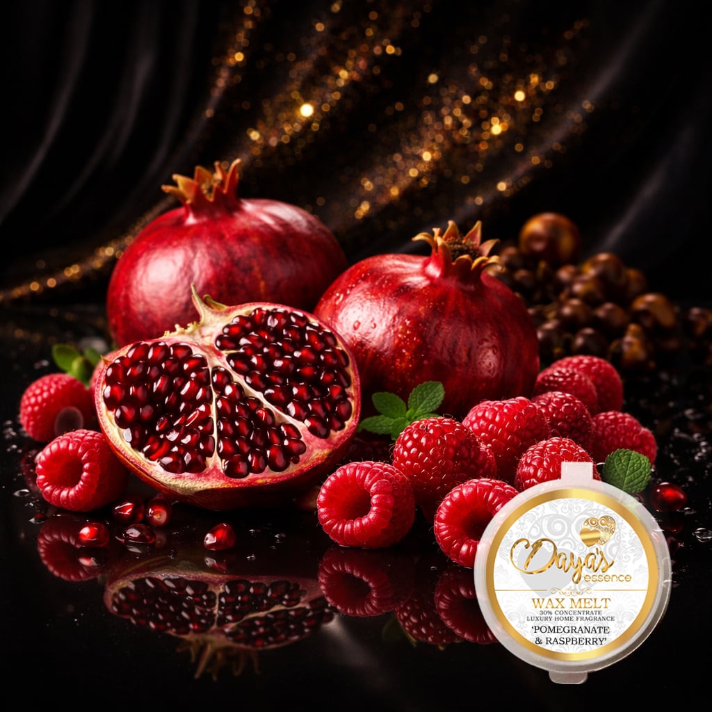 Highly scented fruit-scented wax melt, Daya’s Essence Pomegranate and Raspberry luxury home fragrance, 30% fragrance concentrate wax tart with aesthetic fruit photography.