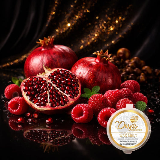 Highly scented fruit-scented wax melt, Daya’s Essence Pomegranate and Raspberry luxury home fragrance, 30% fragrance concentrate wax tart with aesthetic fruit photography.