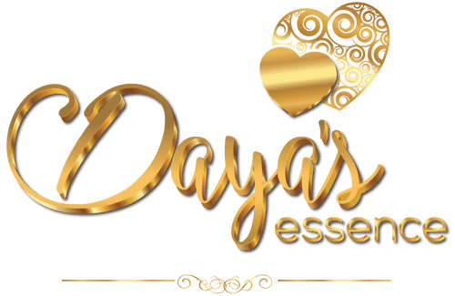 Daya's Essence logo: gold script font, stylized heart with swirls, strong scent wax melts.