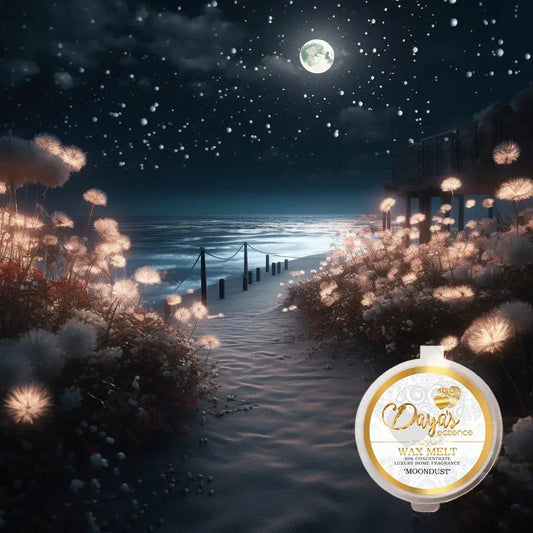 A 1oz tub boasts a branded sticker displaying the scent name "Moondust " Dayas Essence, 30% concentrated wax melt. The tub is positioned elegantly at the bottom right and behind the tub reveals a scene that portrays a peaceful nighttime beach setting, illuminated by a shimmering moon and twinkling stars. A sanded pathway leads you towards the shore, adorned with delicate dandelions on either side, adding a touch of whimsy and natural elegance.
