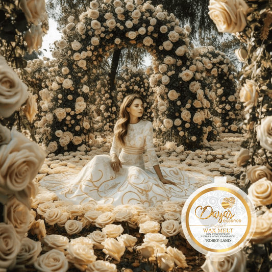 A 1oz tub shows a sticker displaying the scent name "Rosey-Land " Dayas Essence, 30% concentrated wax melt. The tub is positioned  at the bottom right against a mesmerizing backdrop with a serene lady in a breathtaking white dress adorned with intricate gold detailing captivates the gaze. She relaxes in the midst of a vibrant meadow filled with a myriad of roses. Arches adorned with cascading roses stand gracefully behind her, creating a captivating ambiance.